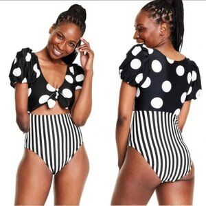 NWOT Tabitha Brown X Target Black White Polka Dot Stripe Puff Sleeve Swimsuit